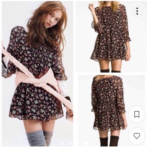 Free People Chiffon Baby Doll Dress Floral 3/4 Sleeve Size 0 Black and R… - Picture 2 of 14